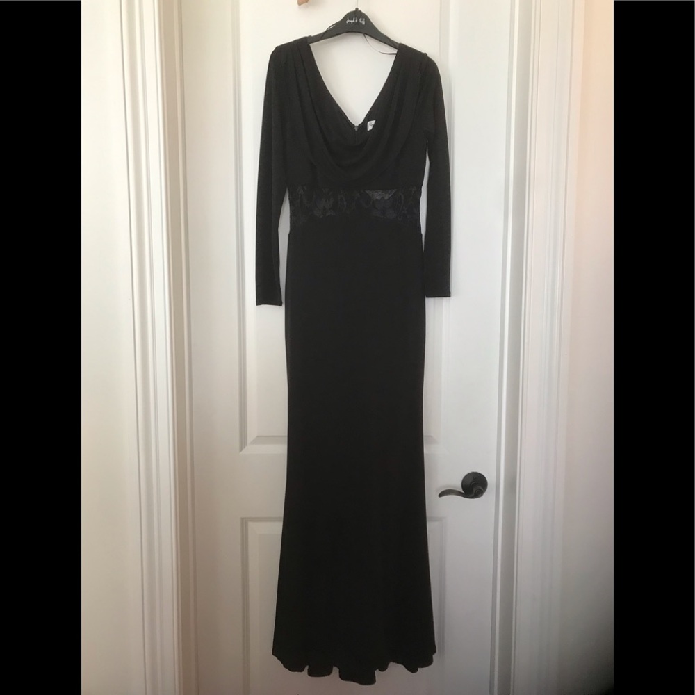 Badgley Mischka Black Drape Front Gown with Peek-A-Boo Lace Insert
